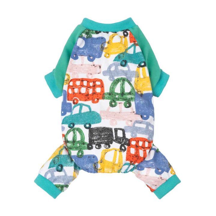 Cozy dog pjs with colorful car pattern on a white background