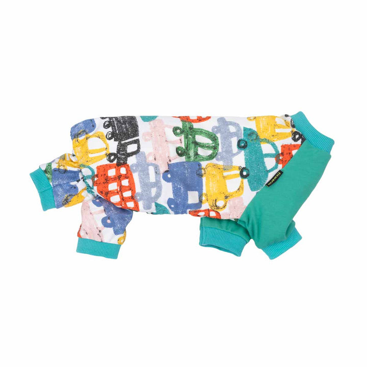 Colorful dog onesie with crayon car pattern on a white background
