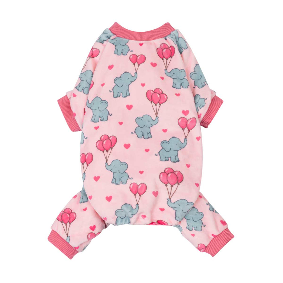 Pink dog pajamas featuring cute elephants holding heart balloons on a soft pastel background.