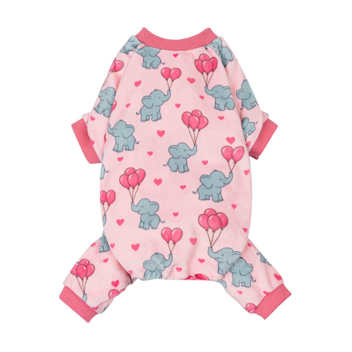 Pink dog pajamas featuring cute elephants holding heart balloons on a soft pastel background.