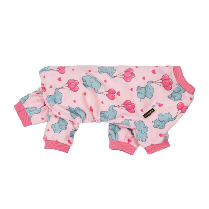 Elephant Balloons Dog Pajamas, pink onesie with elephant, balloon, heart print.
