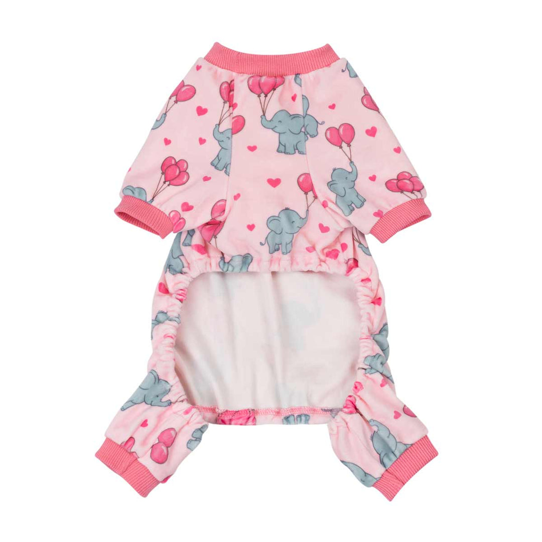 Pink full-body dog pajamas featuring grey elephants, pink balloons, and heart print.