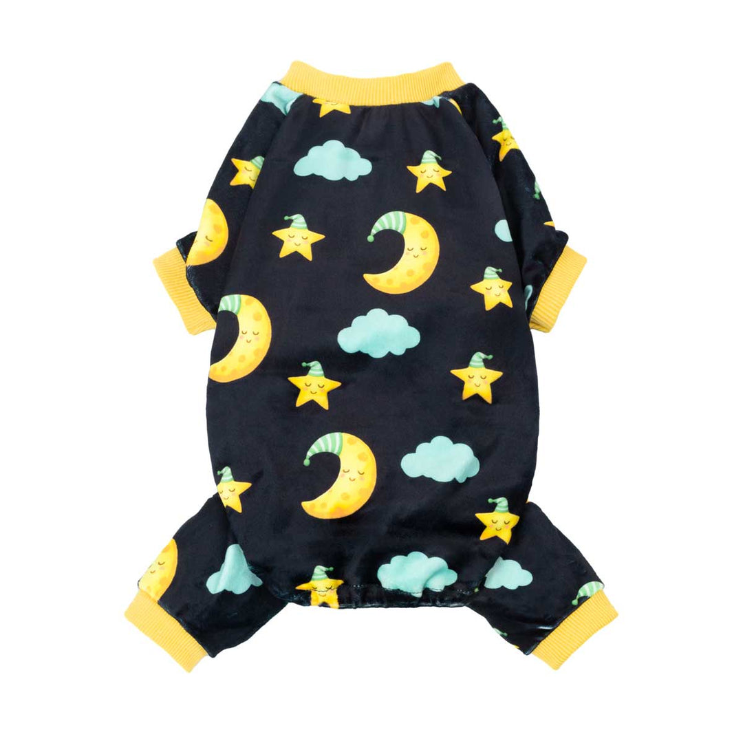 Front view dog pajamas in navy with moon star clouds and yellow cuffs