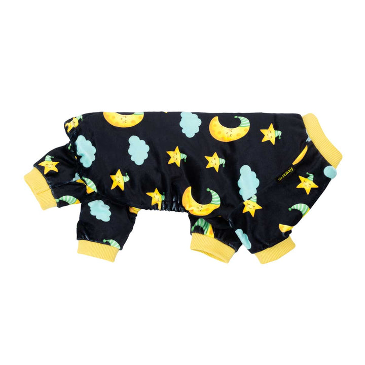 Black dog pajamas featuring a cute moon and star print with contrasting yellow cuffs.