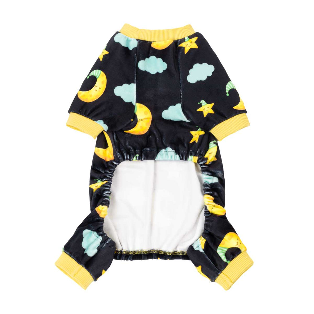 Black dog onesie pajamas with moon and star print, yellow trim.