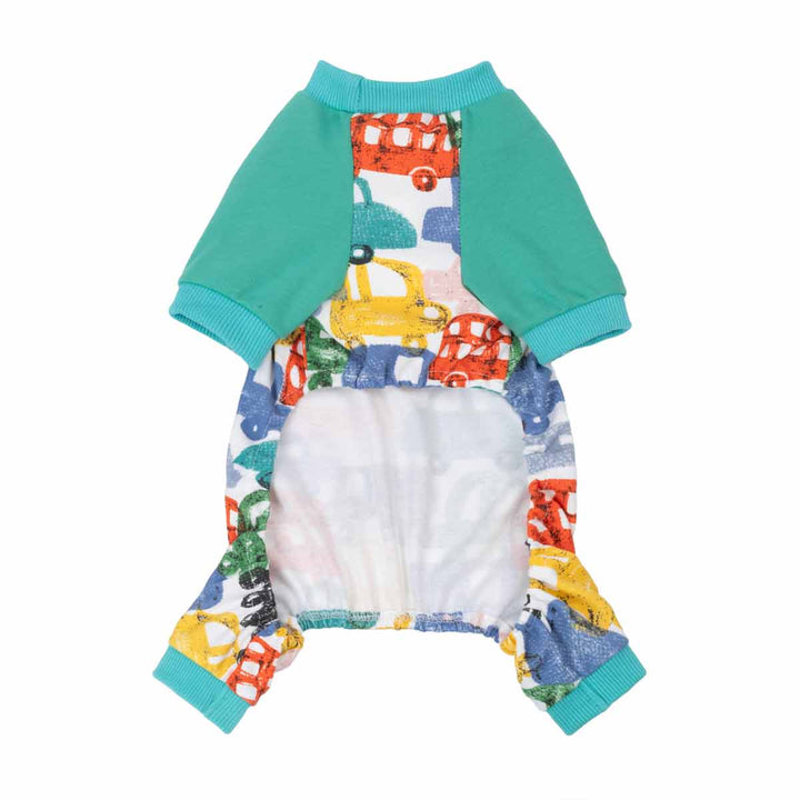 Soft dog fleece pajamas with car pattern on a white background
