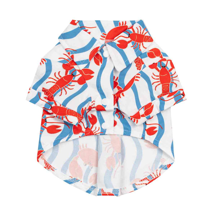 Dog shirt with red lobster pattern on a white background