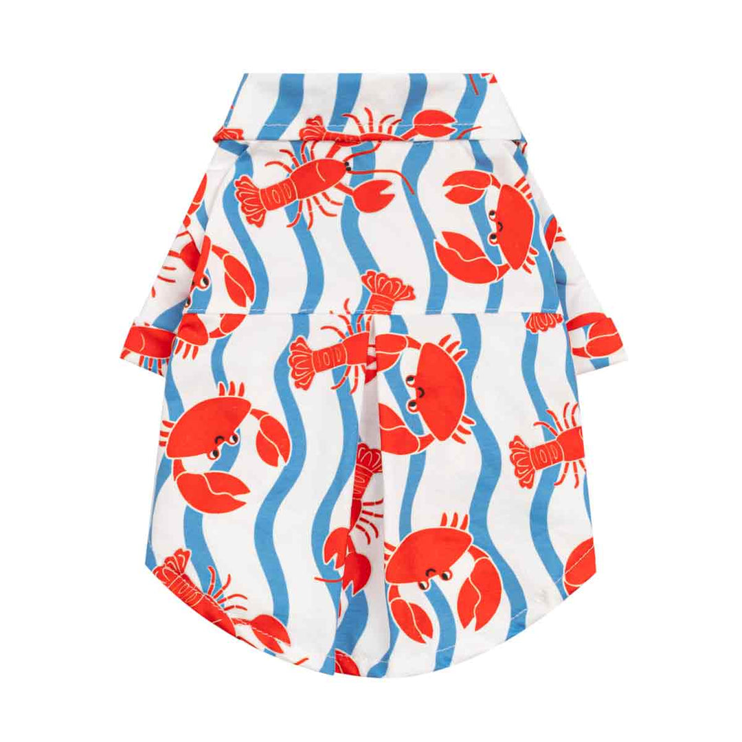 Summer shirt for dogs with red lobster, crab prints and blue wave pattern on a white background
