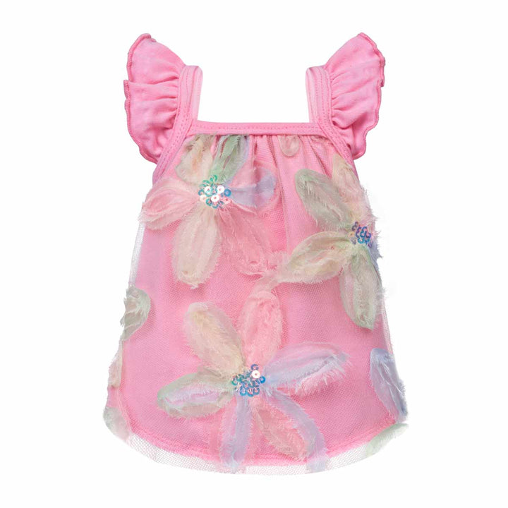 Pink dog shirt with ruffle sleeves designs on a white background