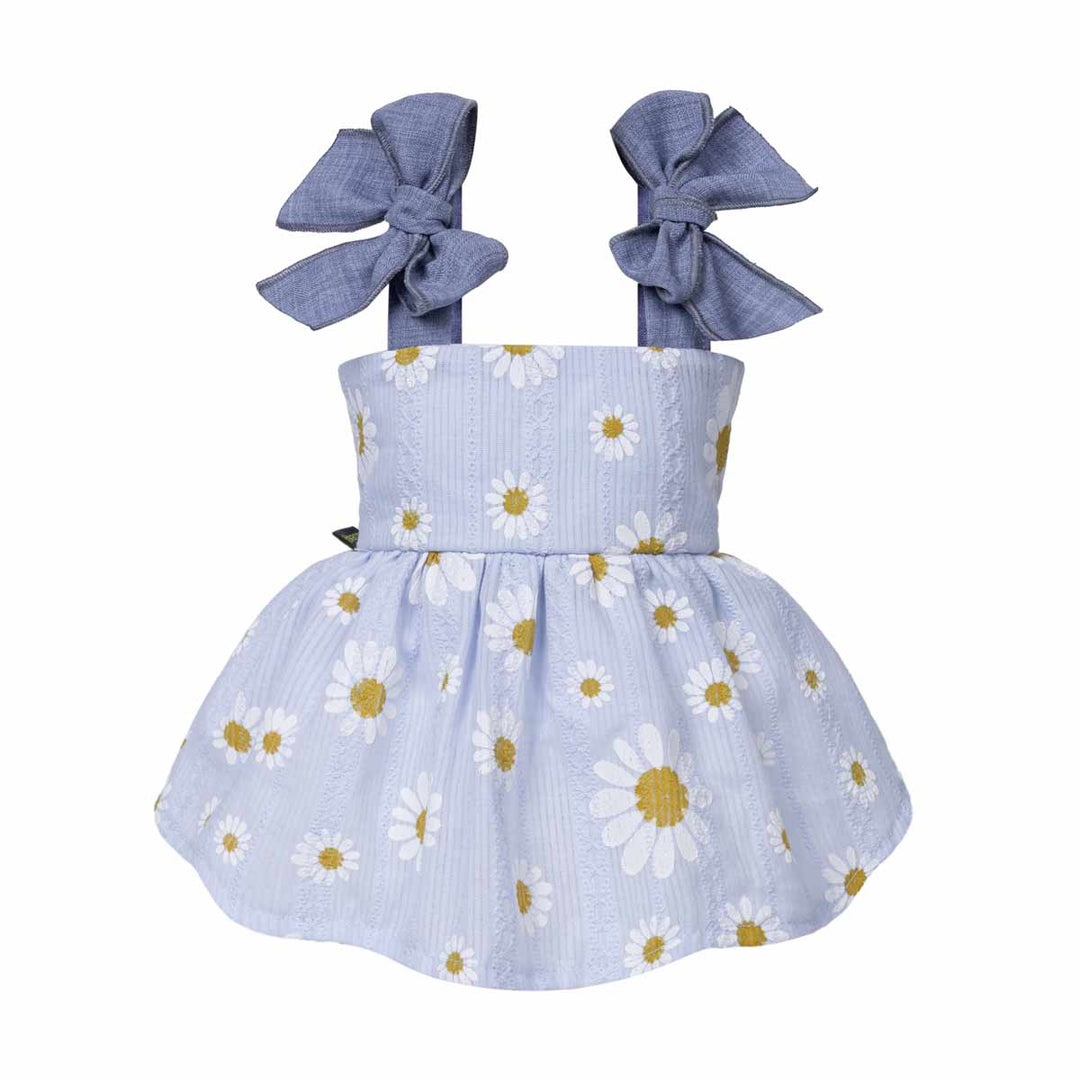 Blue dog dress with daisy pattern and halter neck design on a white background