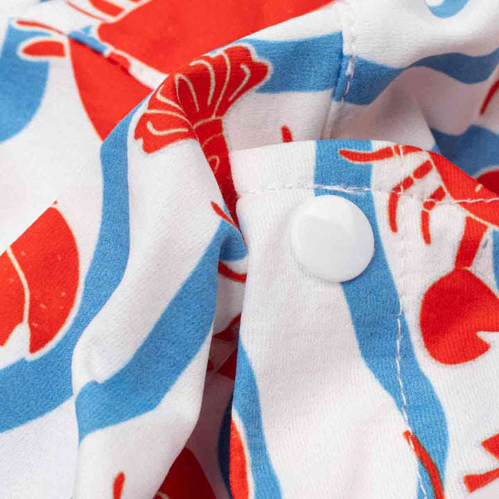 Close-up of a fabric with red, blue, and white pattern and a button.