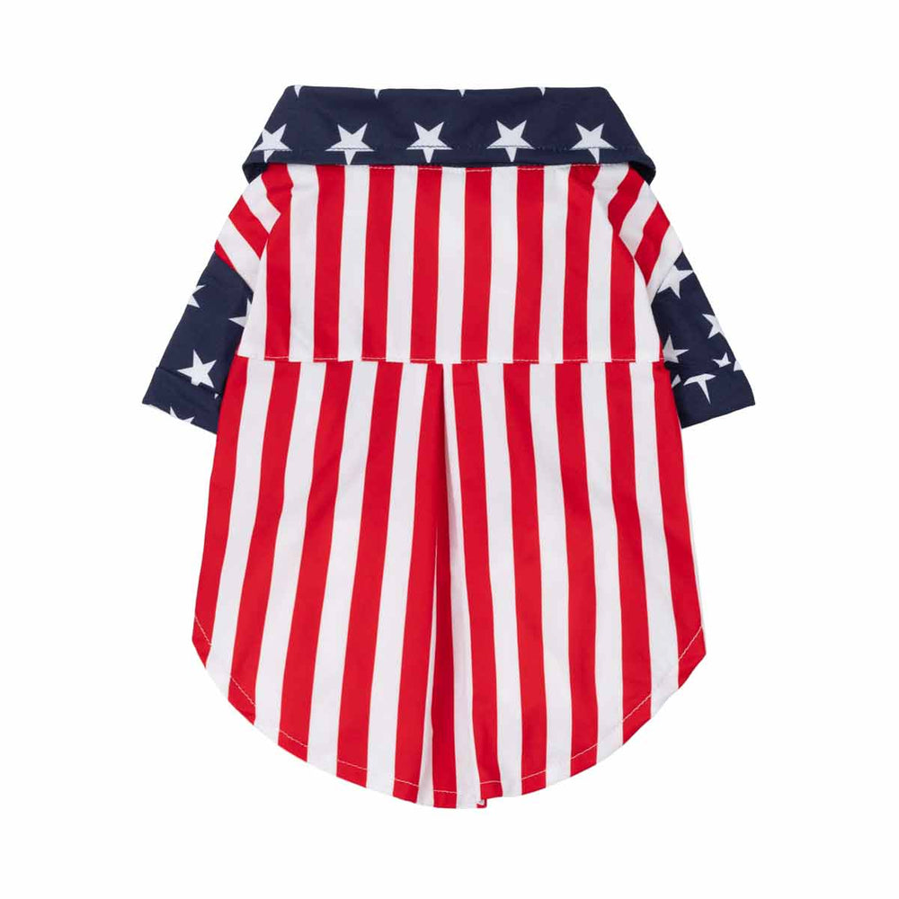 Patriotic dog tshirt with American flag design on a white background
