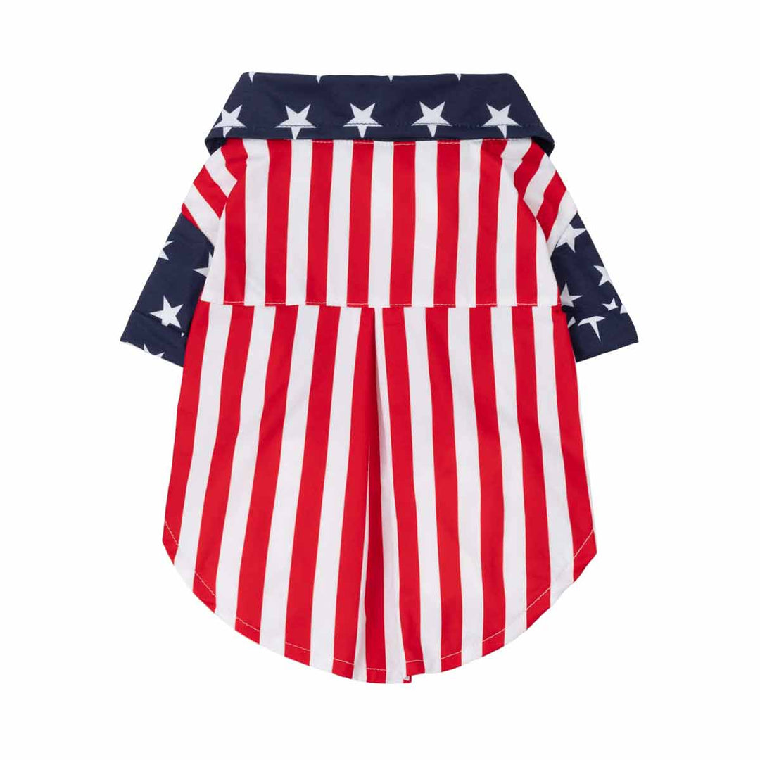 Patriotic dog tshirt with American flag design on a white background