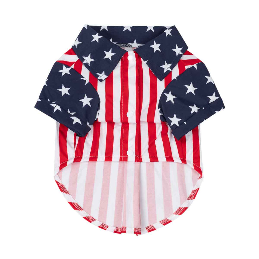 4th of July dog shirt with American flag pattern on a white background