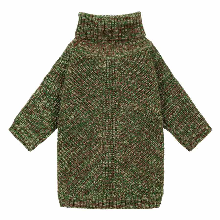Green turtleneck dog sweater in cozy knit design laid flat for clear product view.