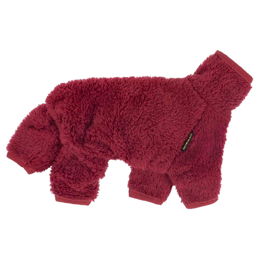 Fitwarm red velvet fleece dog pajamas for winter, cozy and thermal, with full-body coverage.