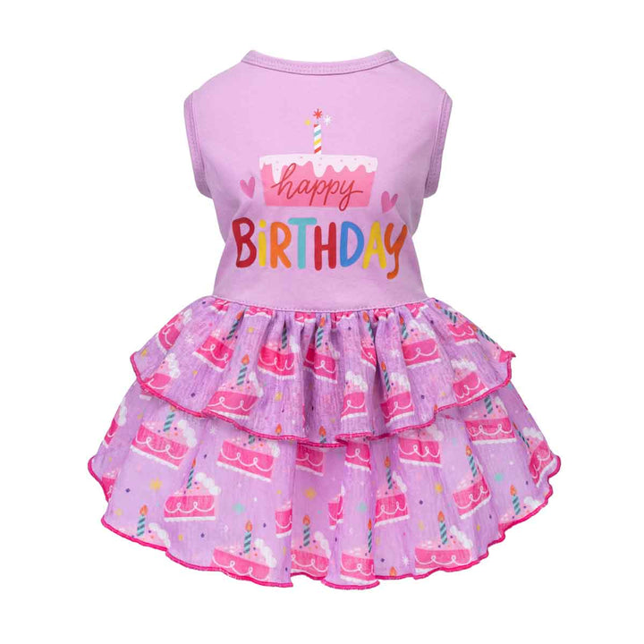 Pink birthday-themed dress for dogs with cake and candle design on a white background
