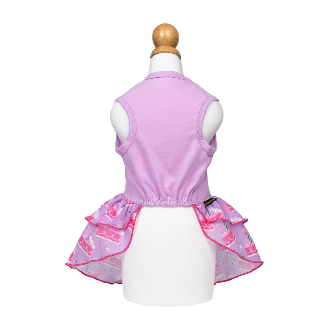 Pink dog tutu with birthday cake design on a mannequin against a white background