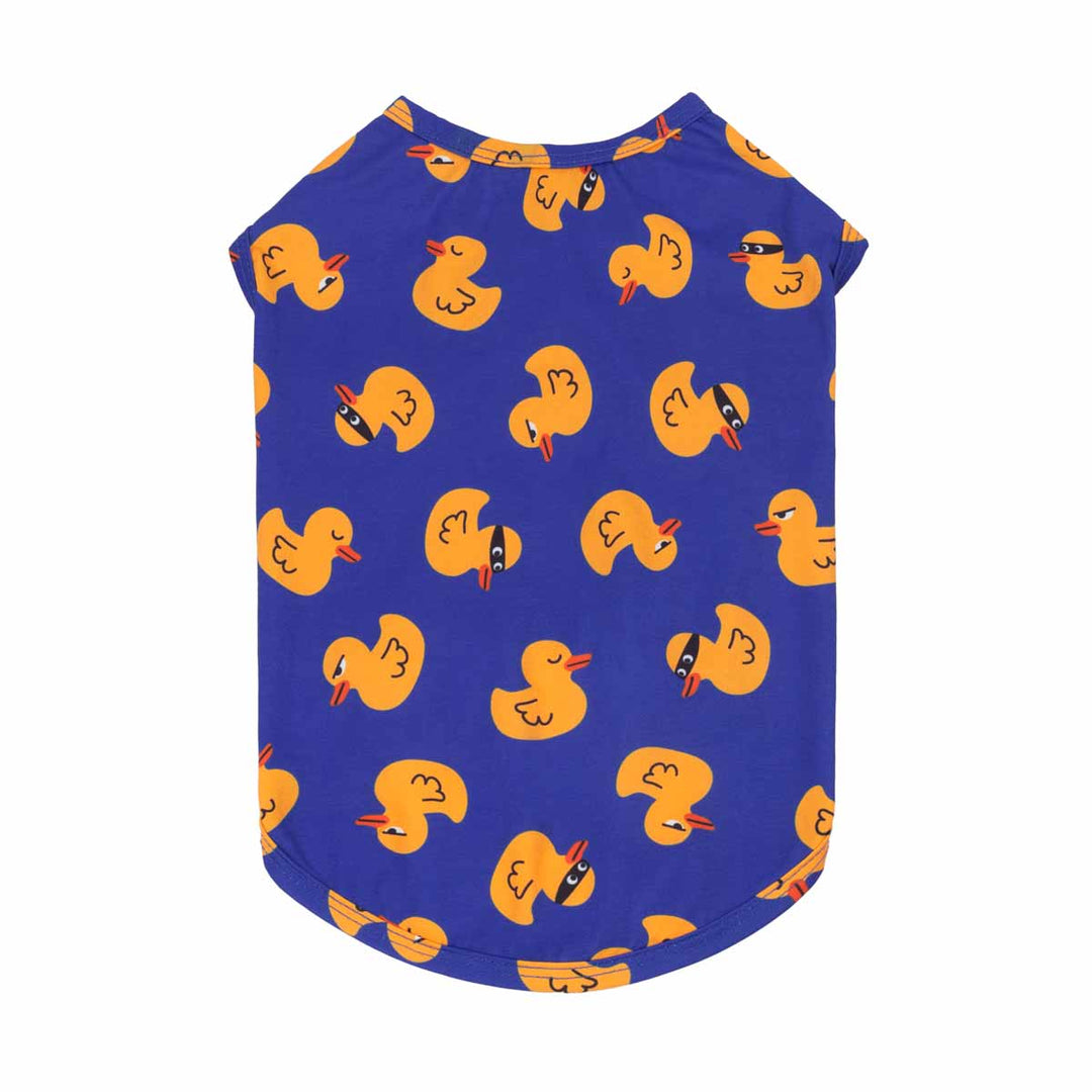 Blue shirt for dogs with yellow duck pattern on a white background
