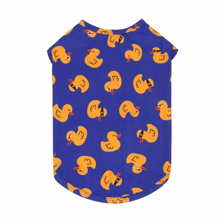 Blue shirt for dogs with yellow duck pattern on a white background