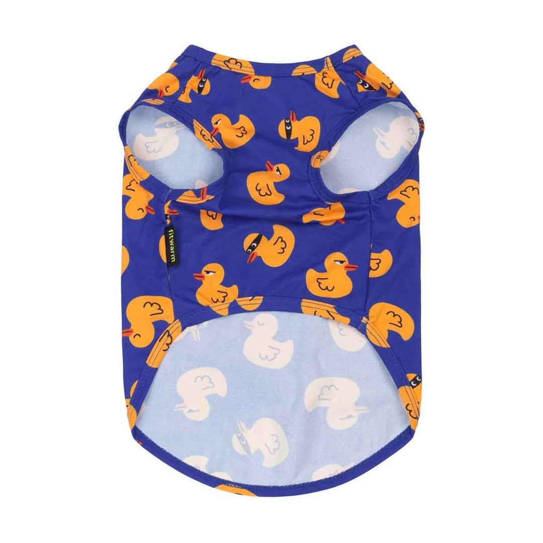 Summer dog tshirt with rubber duck pattern on a white background