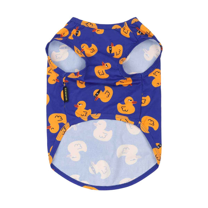 Summer dog tshirt with rubber duck pattern on a white background