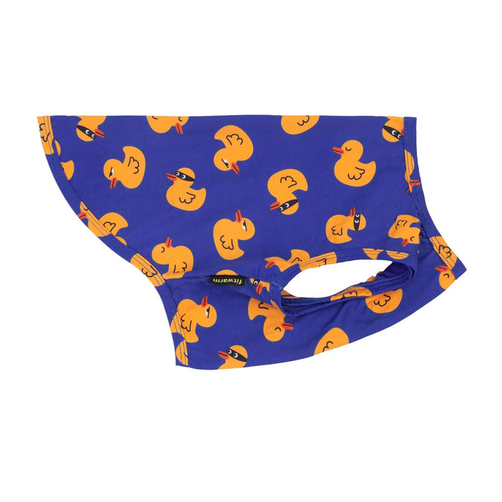 Blue dog tank top with funny duck pattern on a white background