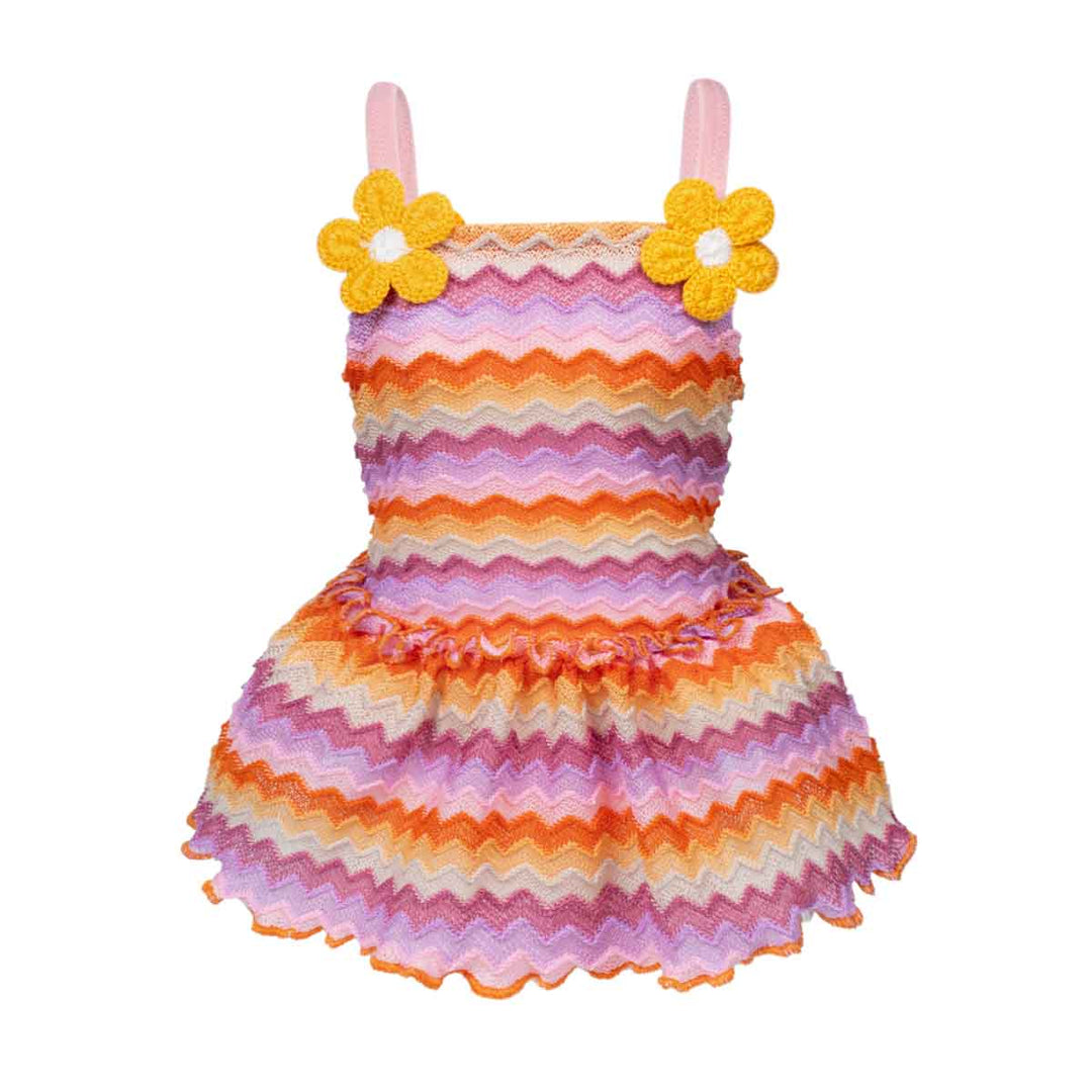 Colorful striped dog Hawaiian dress with floral straps on a white background
