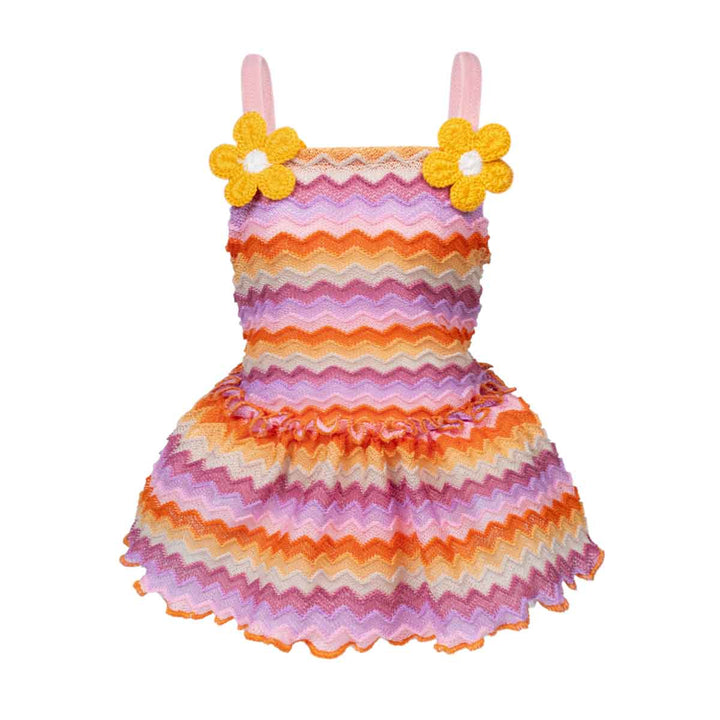 Colorful striped dog Hawaiian dress with floral straps on a white background