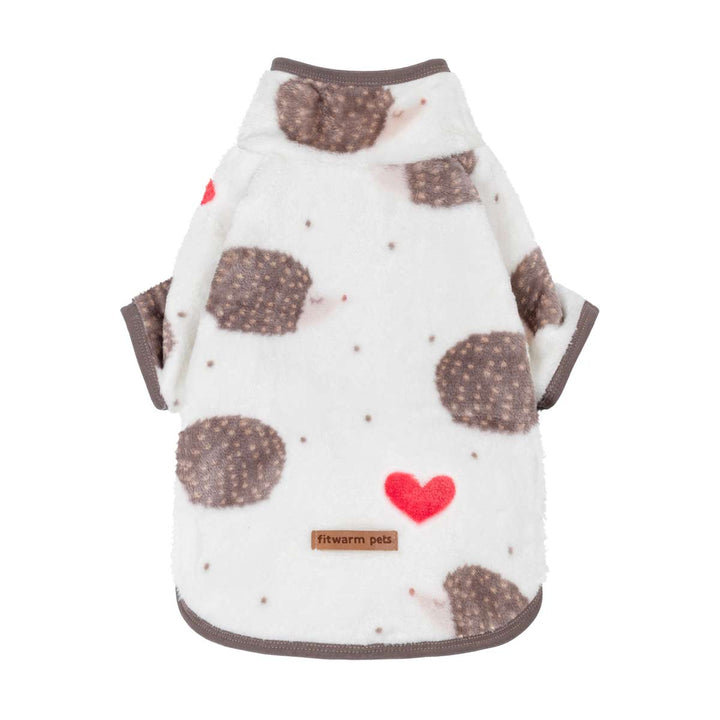 Winter dog fleece sweater designed with brown trim and funny hedgehog prints
