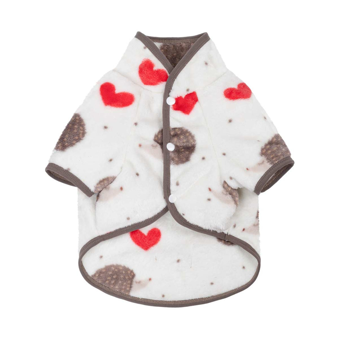 Small white dog coat with brown trim, featuring a pattern of red hearts and hedgehog