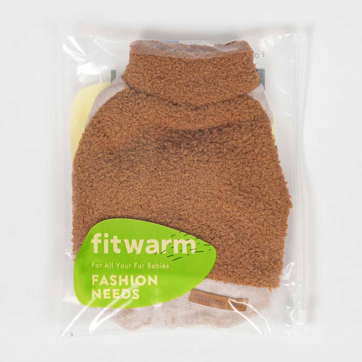 Brown fleece Dog pajamas neatly packed in a clear Fitwarm fashion bag