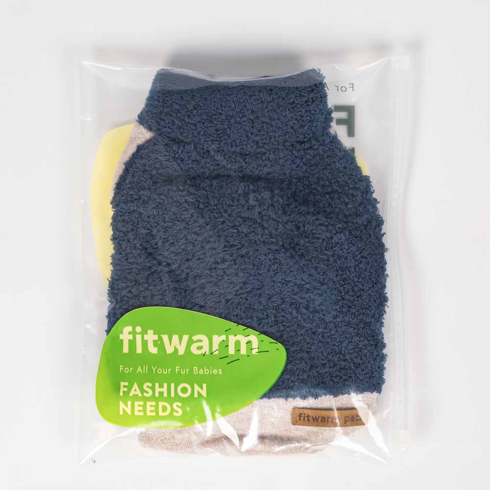Navy blue fleece Dog pajamas folded in a Fitwarm packaging bag for retail display