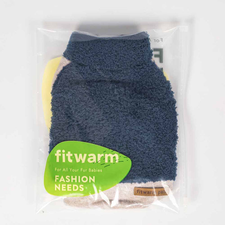 Navy blue fleece Dog pajamas folded in a Fitwarm packaging bag for retail display