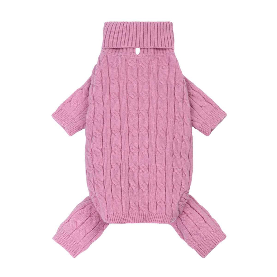 Pink dog knit sweater with turtleneck design on a white background