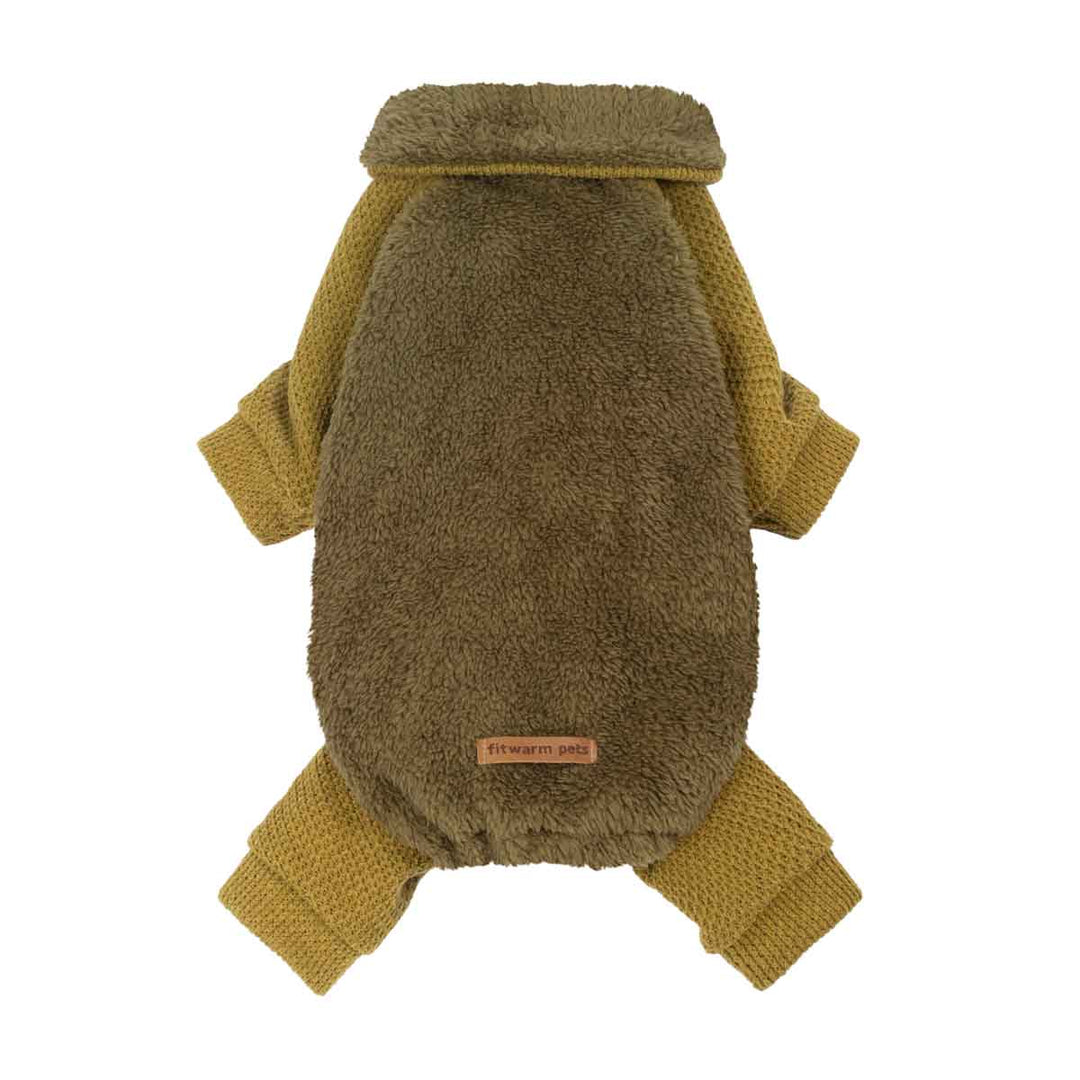 Fuzzy olive dog pjs on a white background 