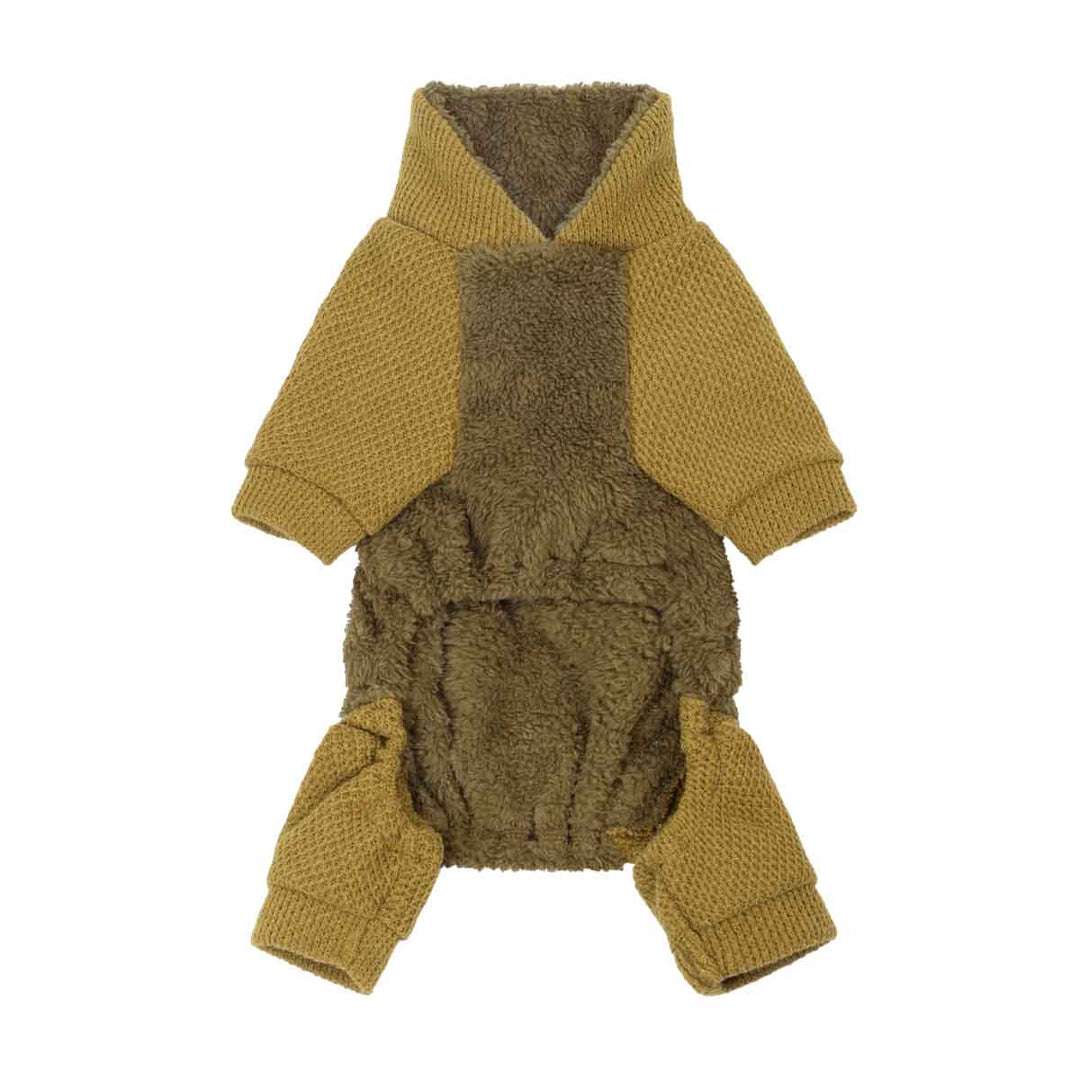 Four leg dog onesie design with fuzzy details and collared neck 