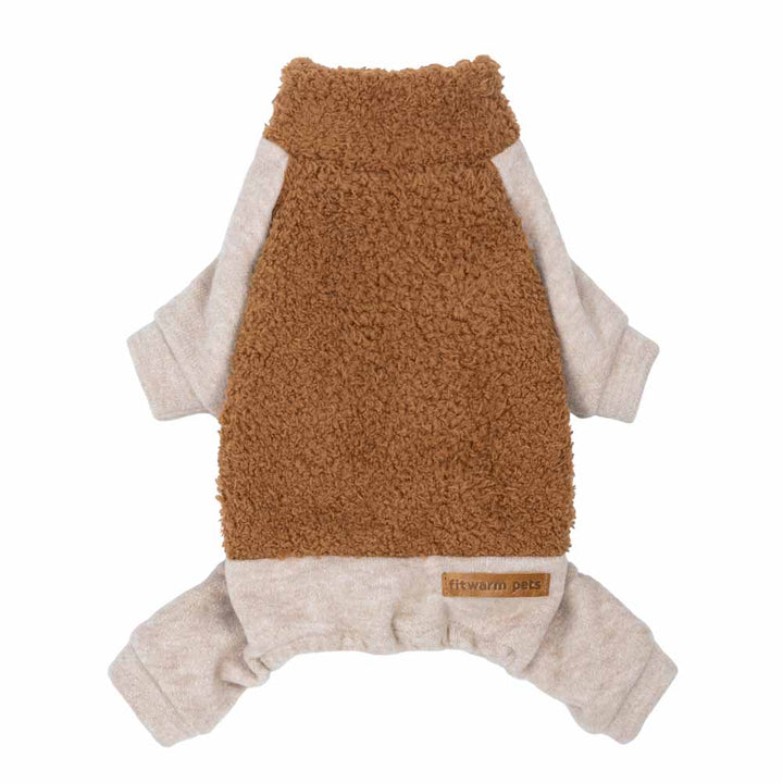 Brown fleece Dog pajamas with beige sleeves and full-body coverage design