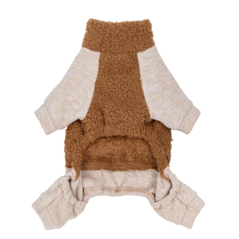 Back view of brown Dog pajamas showing interior fleece and stretchy leg openings