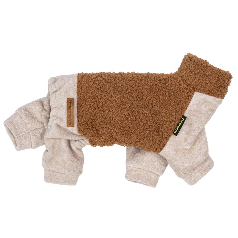 Dog pajamas in teddy-style brown fleece, shown flat with cozy design