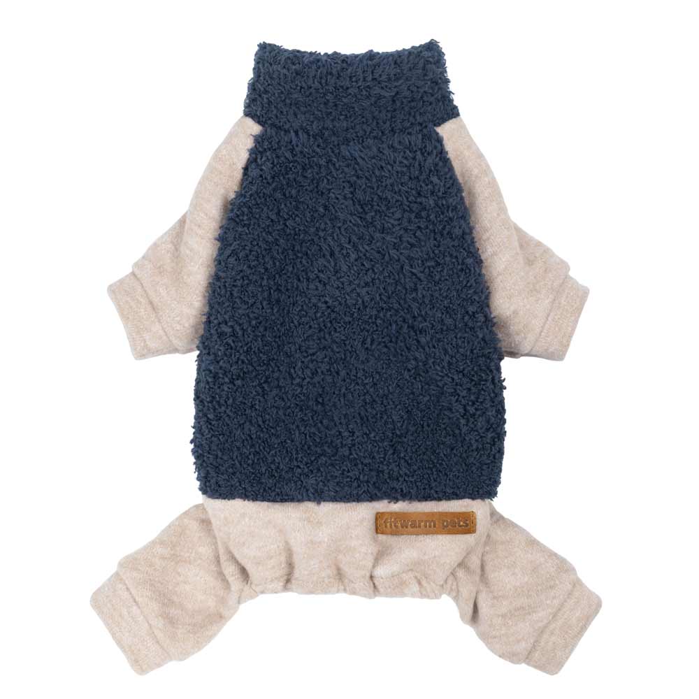 Navy fleece Dog pajamas with beige sleeves and cozy full-length body design