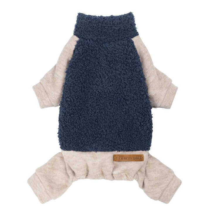 Navy fleece Dog pajamas with beige sleeves and cozy full-length body design