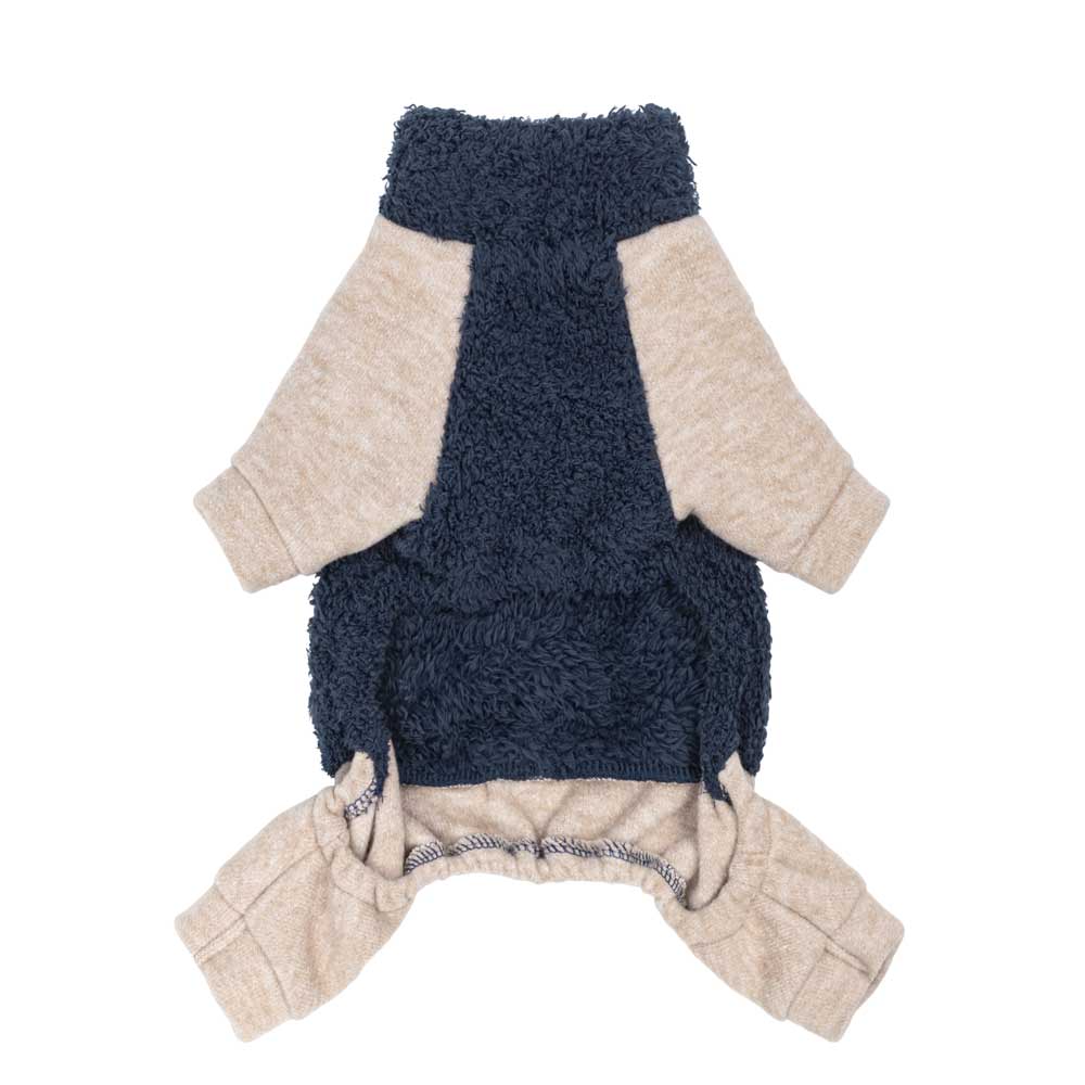 Inside view of navy Dog pajamas showing soft fleece and stretchable leg cuffs