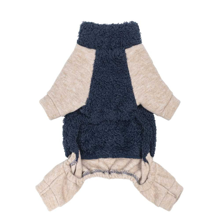 Inside view of navy Dog pajamas showing soft fleece and stretchable leg cuffs