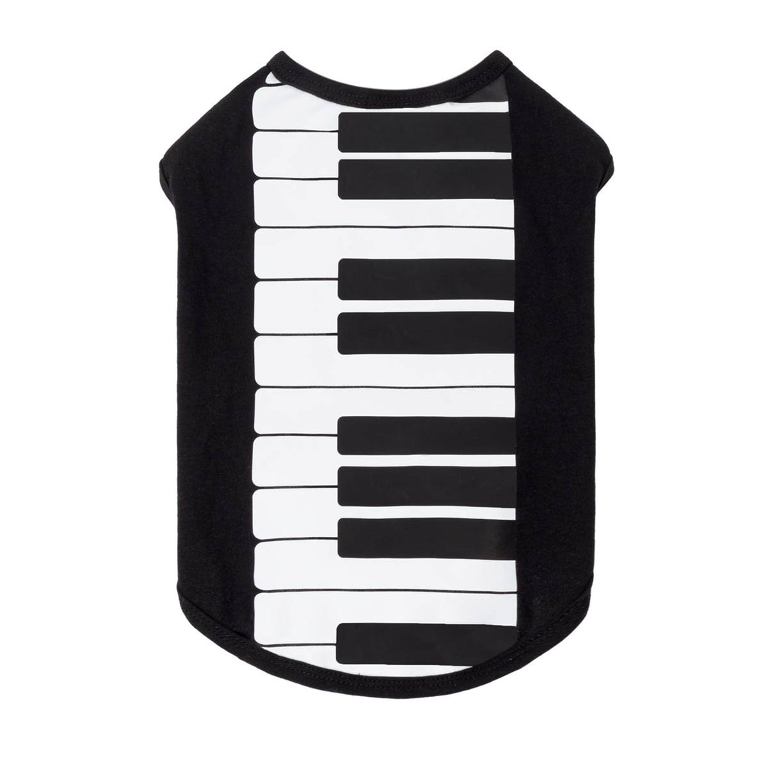 Halloween dog shirt with a black and white piano keyboard print on the front, shown against a plain white background