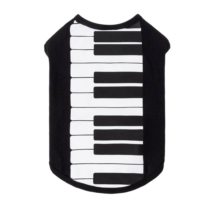 Halloween dog shirt with a black and white piano keyboard print on the front, shown against a plain white background