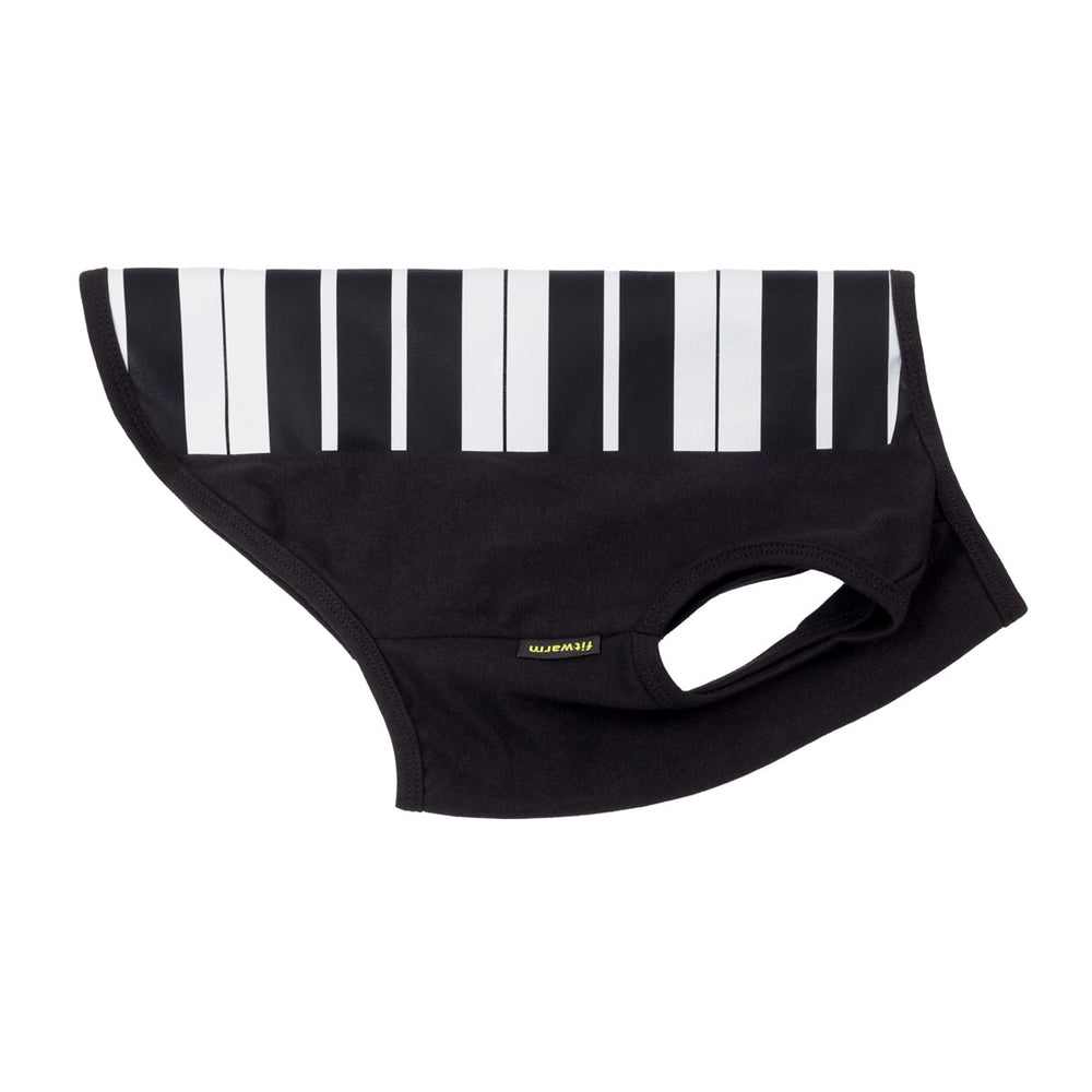 Black dog tank top featuring a piano keyboard pattern, with a small yellow 'Fitwarm' brand tag on the front