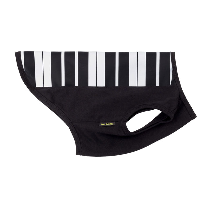 Black dog tank top featuring a piano keyboard pattern, with a small yellow 'Fitwarm' brand tag on the front