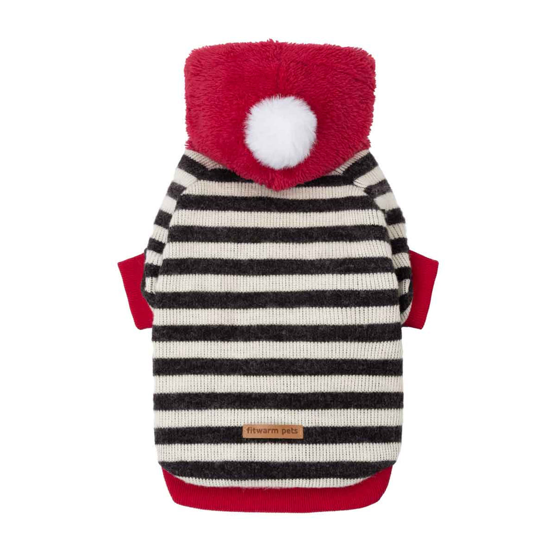 Cozy dog hoodie with black and white stripes, featuring a plush red hood with a white pom-pom, red cuffs, and a red hem