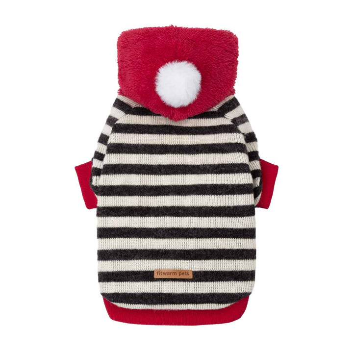 Cozy dog hoodie with black and white stripes, featuring a plush red hood with a white pom-pom, red cuffs, and a red hem